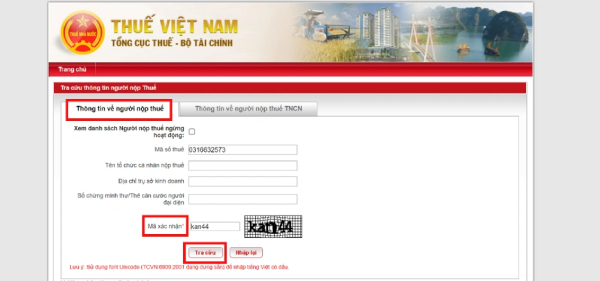 Tra cuu ma so thue doanh nghiep trên website Tổng cục Thuế